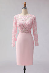 Blush Pink Illusion Boat Neck Midi Mother of the Bride Dress with Lace