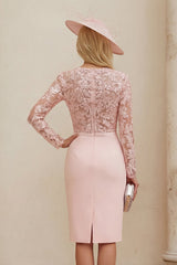 Blush Pink Illusion Boat Neck Midi Mother of the Bride Dress with Lace