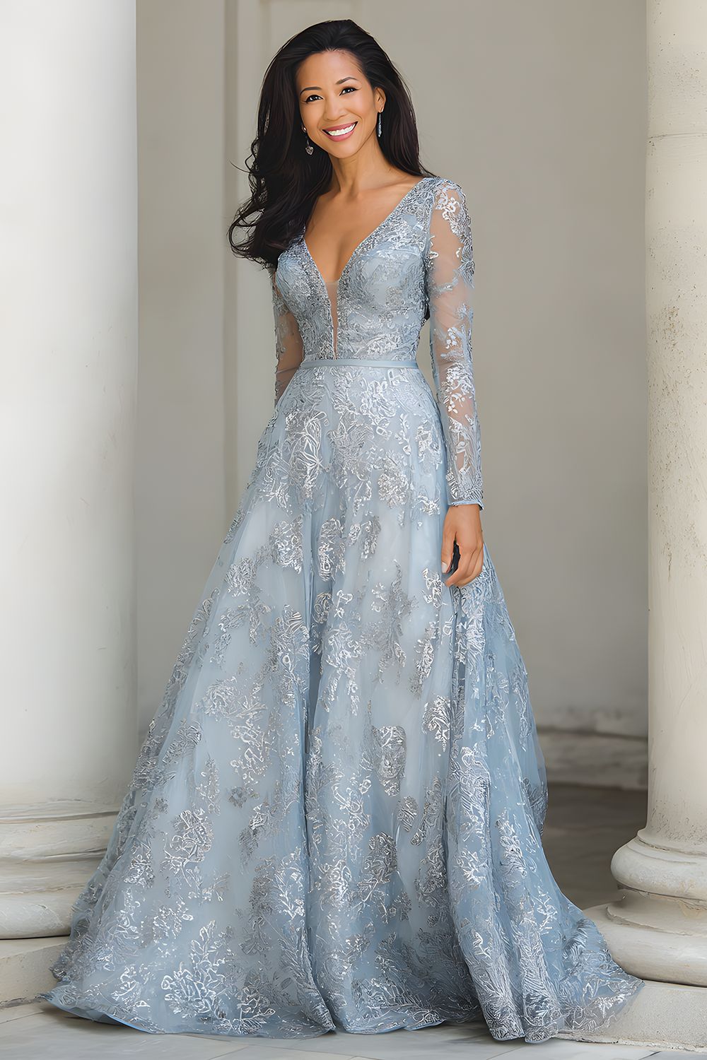 Blue and Silver A Line V-Neck Long Lace Mother of the Bride Dress with Sleeves