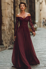 Cabernet Chiffon Off the Shouldler Long Sleeves Mother of the Bride Dress with Lace