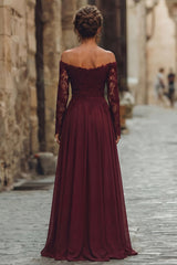 Cabernet Chiffon Off the Shouldler Long Sleeves Mother of the Bride Dress with Lace
