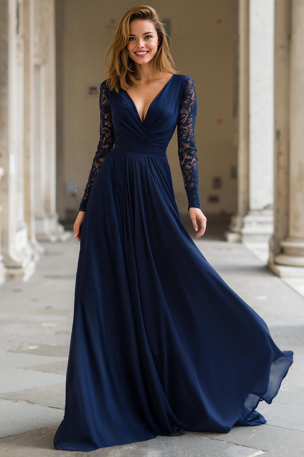 Navy V-Neck Chiffon A-Line Long Mother of the Bride Dress with Lace