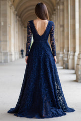 Navy V-Neck Long Sleeves A-Line Lace Long Mother of the Bride Dress