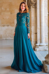 Peacock Blue Round Neck Chiffon A-Line Long Mother of the Bride Dress with Lace