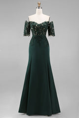 Dark Green Off the Shoulder Chiffon Sheath Long Mother of the Bride Dress with Lace