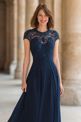 Navy Chiffon Round Neck A-Line Long Mother of the Bride Dress with Lace