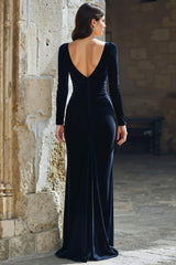 Navy V-Neck Mermaid Velvet Long Mother of the Bride Dress with Sleeves