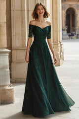Pine Green Chiffon Off the Shoulder A-Line Long Mother of the Bride Dress with Beading