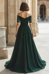 Pine Green Chiffon Off the Shoulder A-Line Long Mother of the Bride Dress with Beading