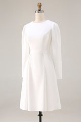 Ivory Satin A Line Round Neck Short Wedding Dress with Sleeves