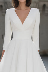 Ivory V-Neck A Line Midi Wedding Dress with Sleeves