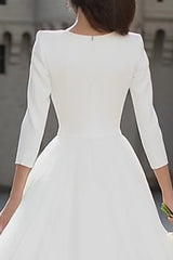 Ivory V-Neck A Line Midi Wedding Dress with Sleeves