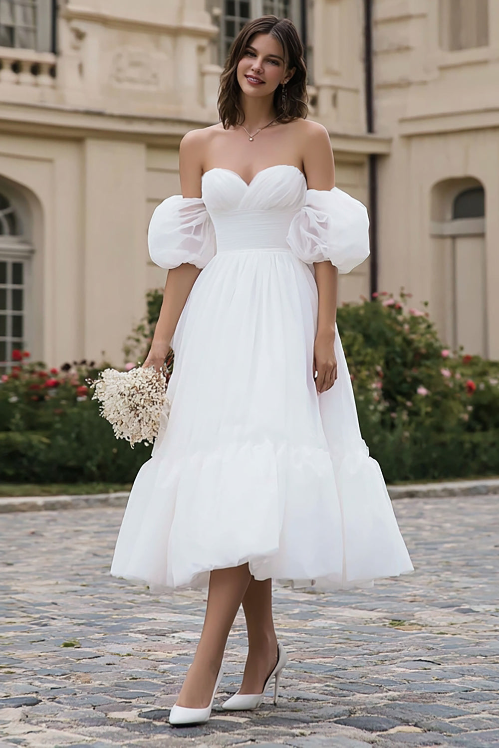 Ivory A Line Organza Off the Shoulder Midi Wedding Dress