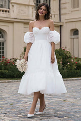 Ivory A Line Organza Off the Shoulder Midi Wedding Dress