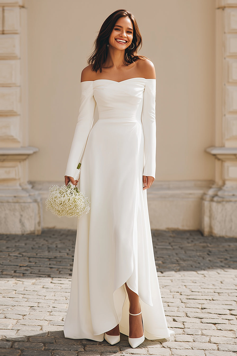 Ivory Off the Shoulder Satin Maxi Engagement Dress with Sleeves