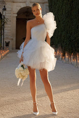 Ivory One Shoulder Tulle Ruffled A-Line Short Bachelorette Dress