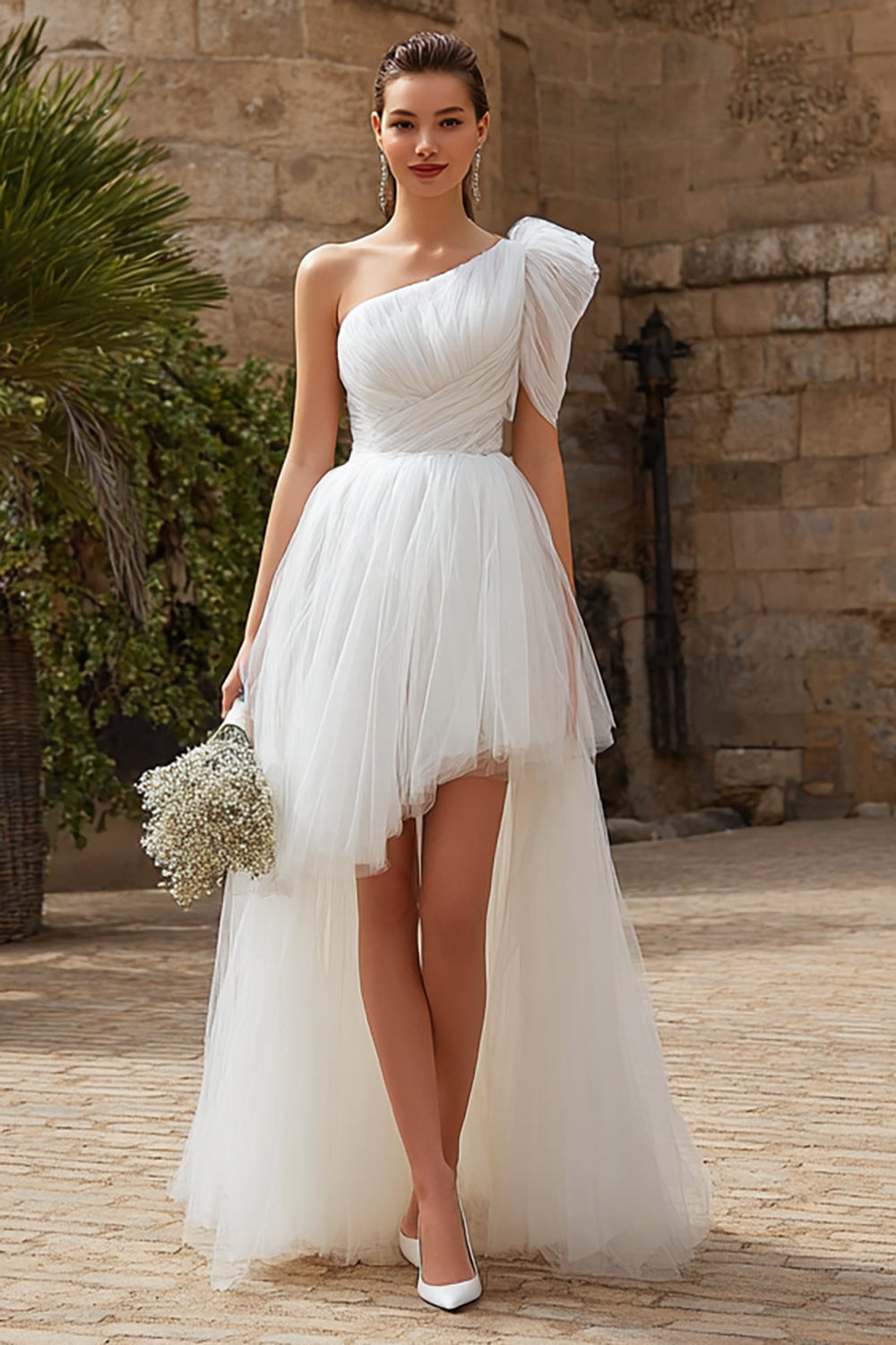 Ivory One Shoulder Tulle A-Line High Low Wedding Dress