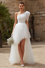 Ivory One Shoulder Tulle A-Line High Low Wedding Dress