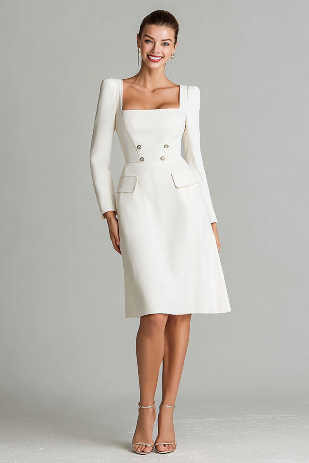 Ivory Square Neck A Line Midi Work Dress with Sleeves