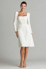 Ivory Square Neck A Line Midi Work Dress with Sleeves