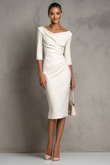 Simple Ivory Plus Size Pencil Ruched Midi Work Dress with Slit