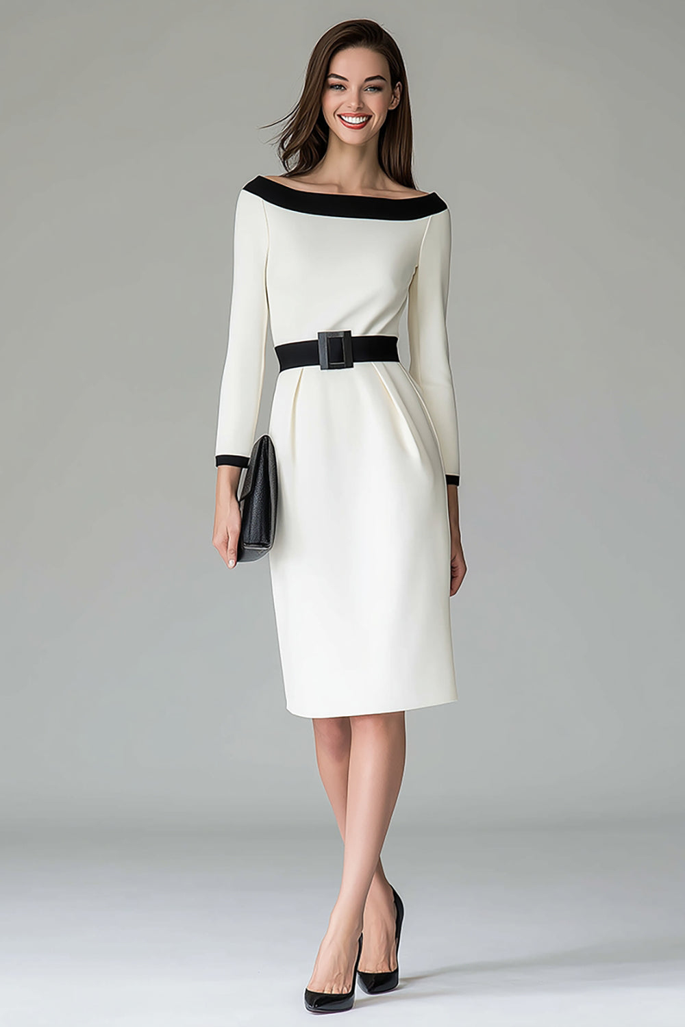 Black and White Pencil Midi Work Dress with Belts