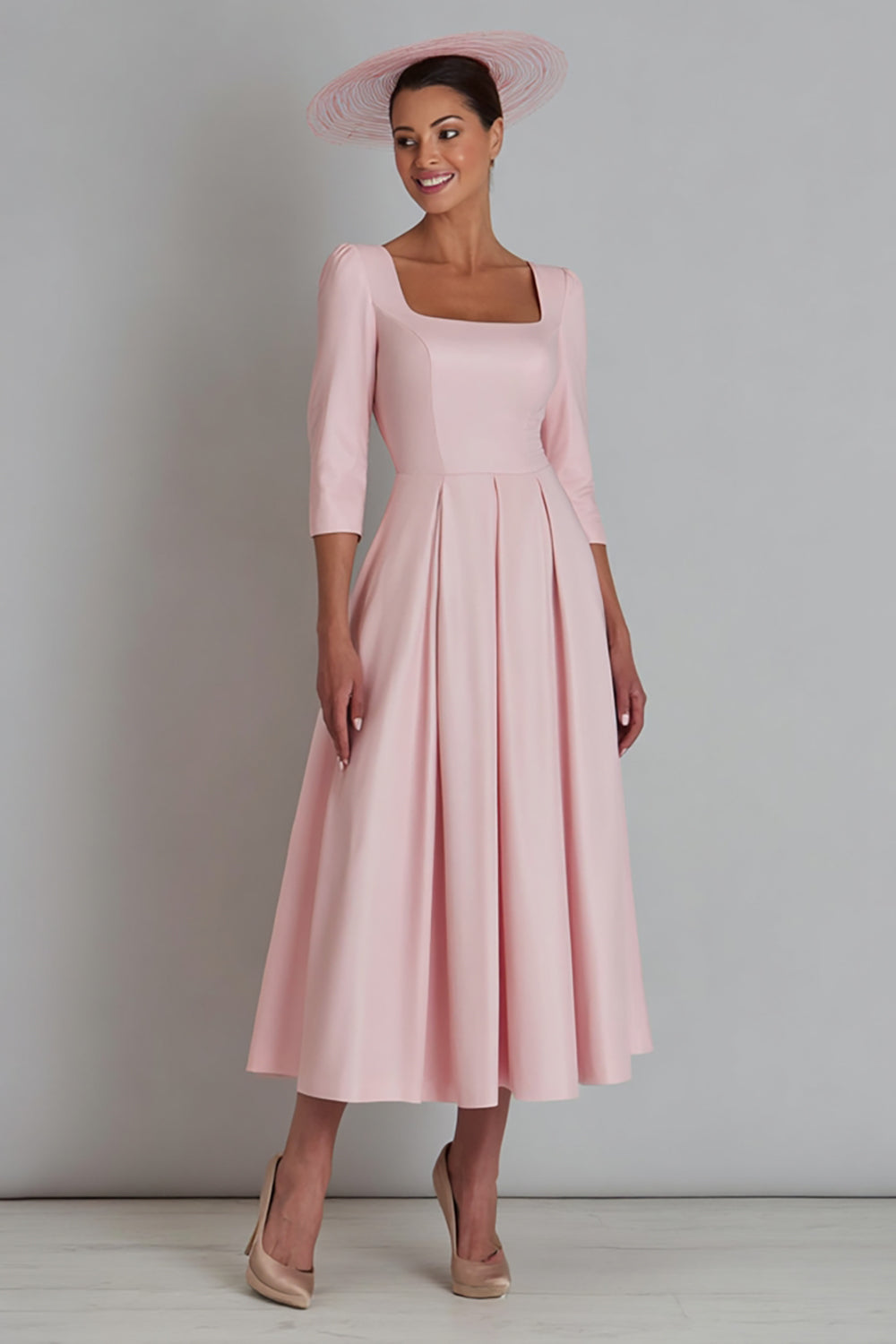 Pink Satin A Line Square Neck Long Work Dress with Sleeves