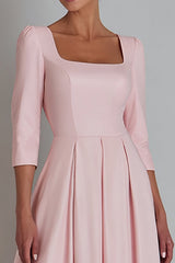 Pink Satin A Line Square Neck Long Work Dress with Sleeves