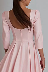 Pink Satin A Line Square Neck Long Work Dress with Sleeves