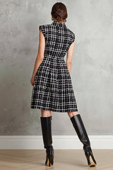 Black Single Breasted Tweed Plaid A Line Midi Interview Dress
