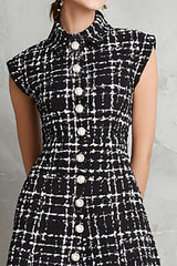 Black Single Breasted Tweed Plaid A Line Midi Interview Dress
