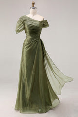 Dusty Sage Chiffon A Line Ruched Long Formal Dress with Side Cape