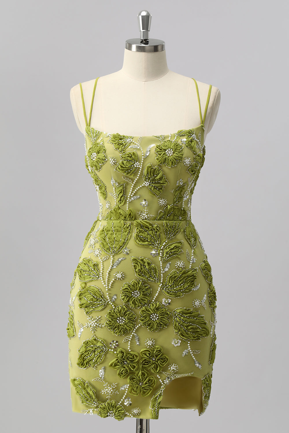 Sparkly Green Cut Out Tight Floral Short Homecoming Dress with Beading