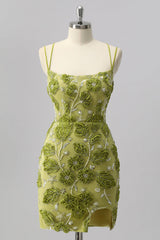 Sparkly Green Cut Out Tight Floral Short Homecoming Dress with Beading