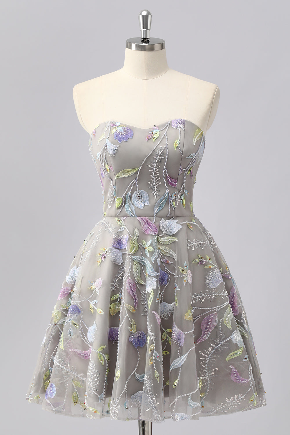 Sparkly Grey Sweetheart Floral Short Homecoming Dress with Beading