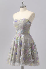 Sparkly Grey Sweetheart Floral Short Homecoming Dress with Beading