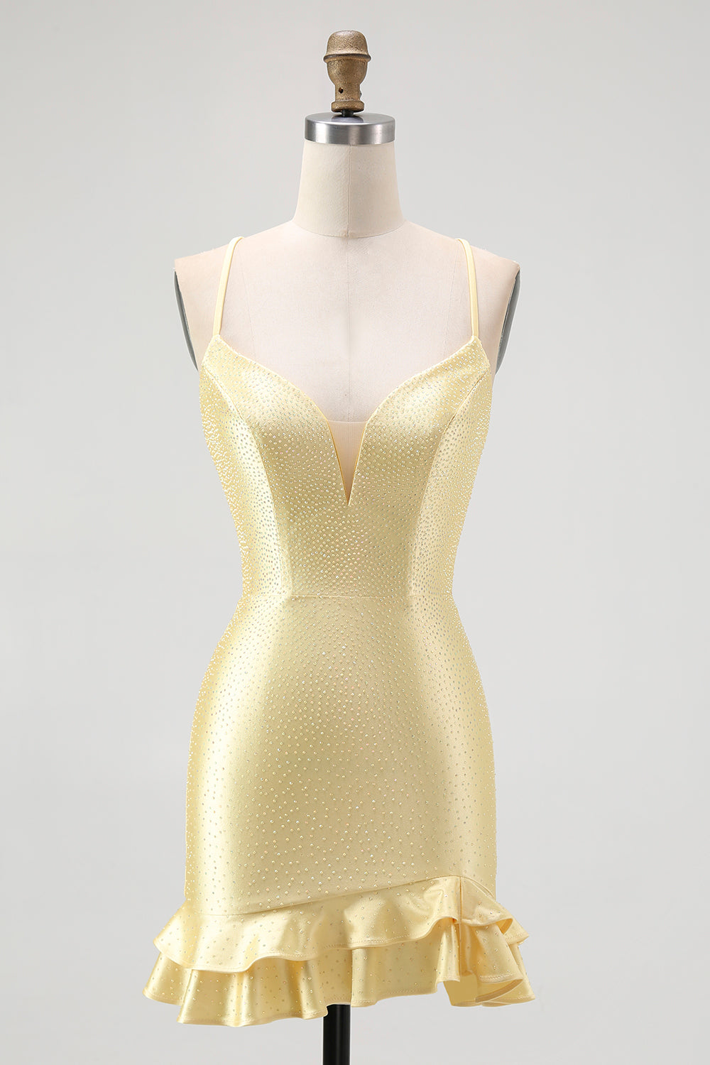 Sparkly Yellow Spaghetti Straps Satin Ruffled Tight Short Homecoming Dress with Beading