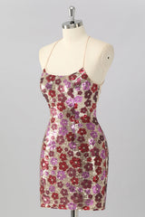 Sparkly Red Floral Sequin Tight Backless Short Homecoming Dress