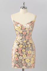 Sparkly Yellow Sequin Floral Backless Tight Short Homecoming Dress