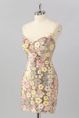Sparkly Yellow Sequin Floral Backless Tight Short Homecoming Dress