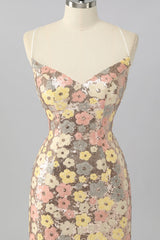 Sparkly Yellow Sequin Floral Backless Tight Short Homecoming Dress