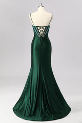 Sparkly Dark Green Mermaid Satin Long Corset Prom Dress with Beading