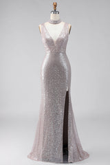 Sparkly Dark Silver Sequin V-Neck Mermaid Long Formal Dress with Slit