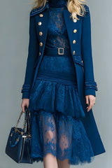 Dark Blue Double Breasted Long Sleeves Prom Blazer