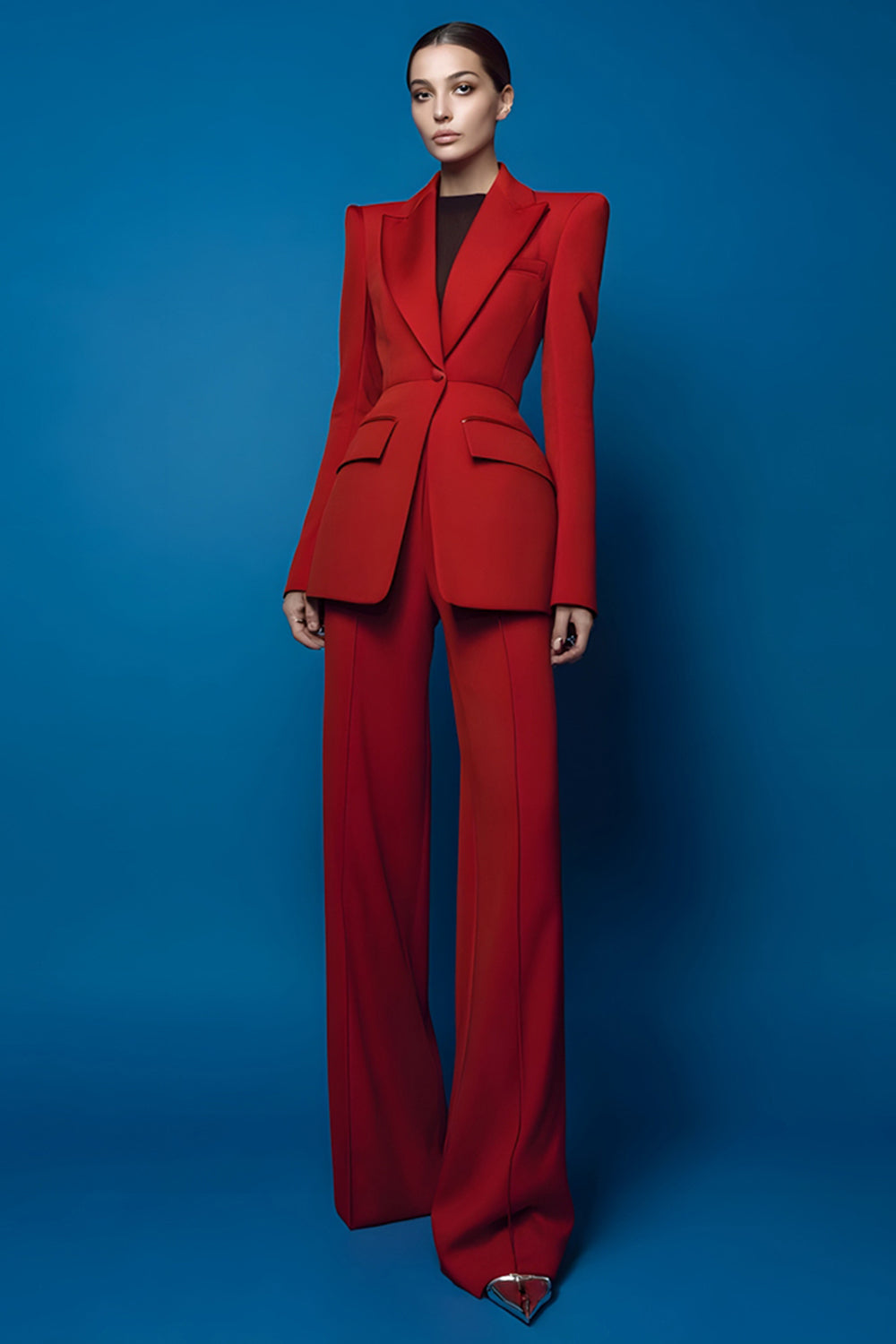 2 Piece Red Peak Lapel One Button Long Sleeves Prom Suits