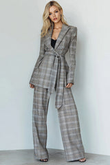 Grey Grid 2 Piece Peak Lapel Business Suits with Sash