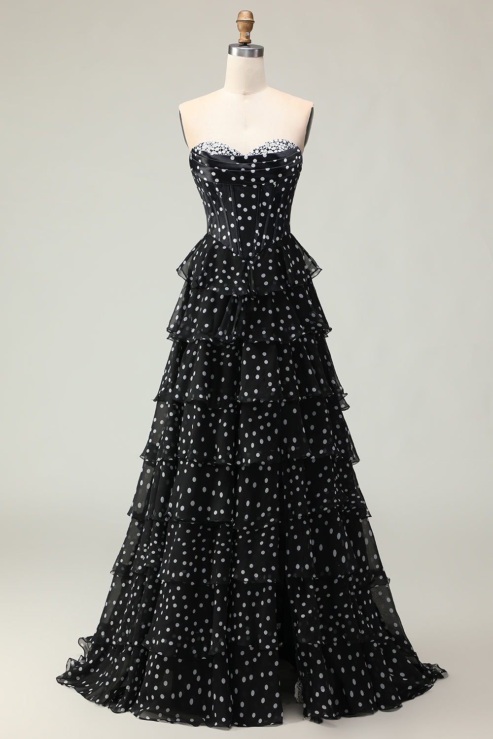 Sparkly Black and White Polka Dots Ruffled Corset Long Prom Dress