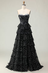 Sparkly Black and White Polka Dots Ruffled Corset Long Prom Dress