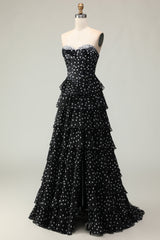 Sparkly Black and White Polka Dots Ruffled Corset Long Prom Dress