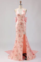 Sparkly Floral Blush Mermaid Halter Long Corset Prom Dress with Bow